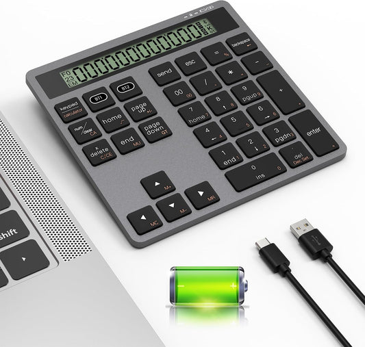 Tioleje 2-IN-1 34-Key Accounting 2in1 Rechargeable Bluetooth Number Pad with Display Calculator - Wireless & Wired