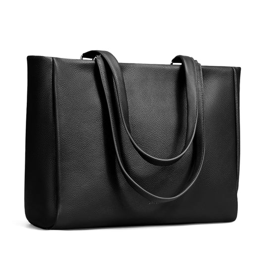 befen Black Genuine Leather Work Tote Bag for Women, Womens Totes Shoulder Purses Satchel Handbags with 15.6" Compartment & Water Cup Holder