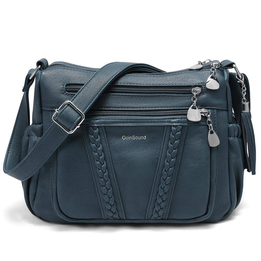 Goinsound Women's Crossbody Bag Soft PU Leather Multi-Pocket Shoulder Bag with Braid & Tassel Detail