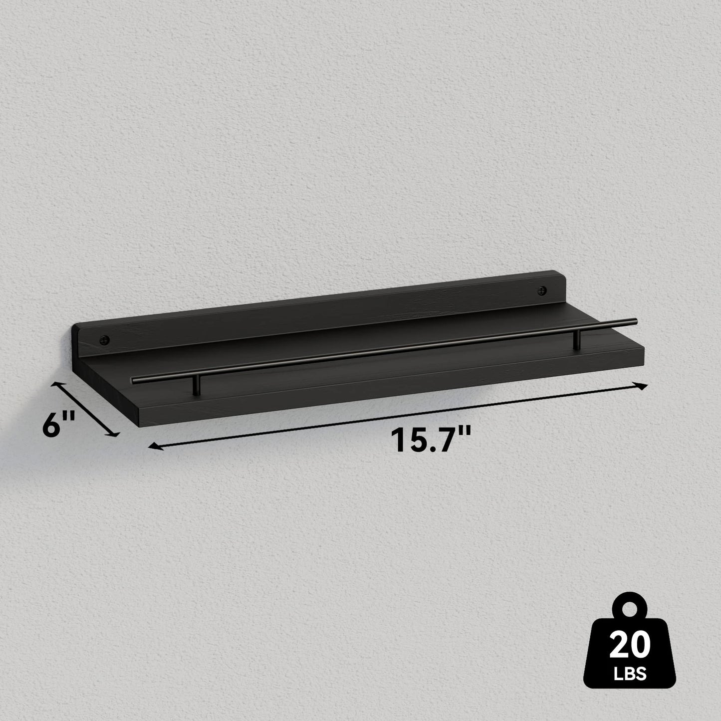 WOPITUES Floating Shelves with Black Metal Guardrail, Shelves for Wall Decor Set of 3, Wall Shelves for Bedroom, Bathroom, Kitchen, Living Room, Plants, Picture Frames, Art- Black