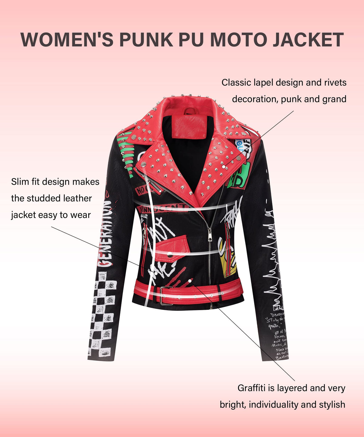 RISISSIDA Women Faux Leather Studded Moto Jacket Belted,Black-red,79,S