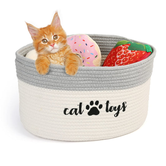 PrimePets Cat Toy Basket, Cotton Rope Storage Basket with Handles, Small Woven Pet Box Bin for Blankets, 15x10x9 inch Cat Holder Container, White and Grey