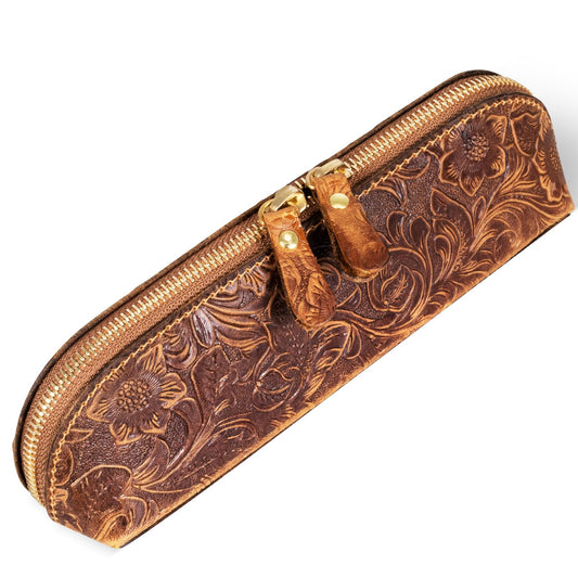 Gexmil Genuine Leather Pen Case, Full Grain Leather Pencil Holder, Hand-made Stationery Bag for Work & Office, Vintage Style, Floral Brown