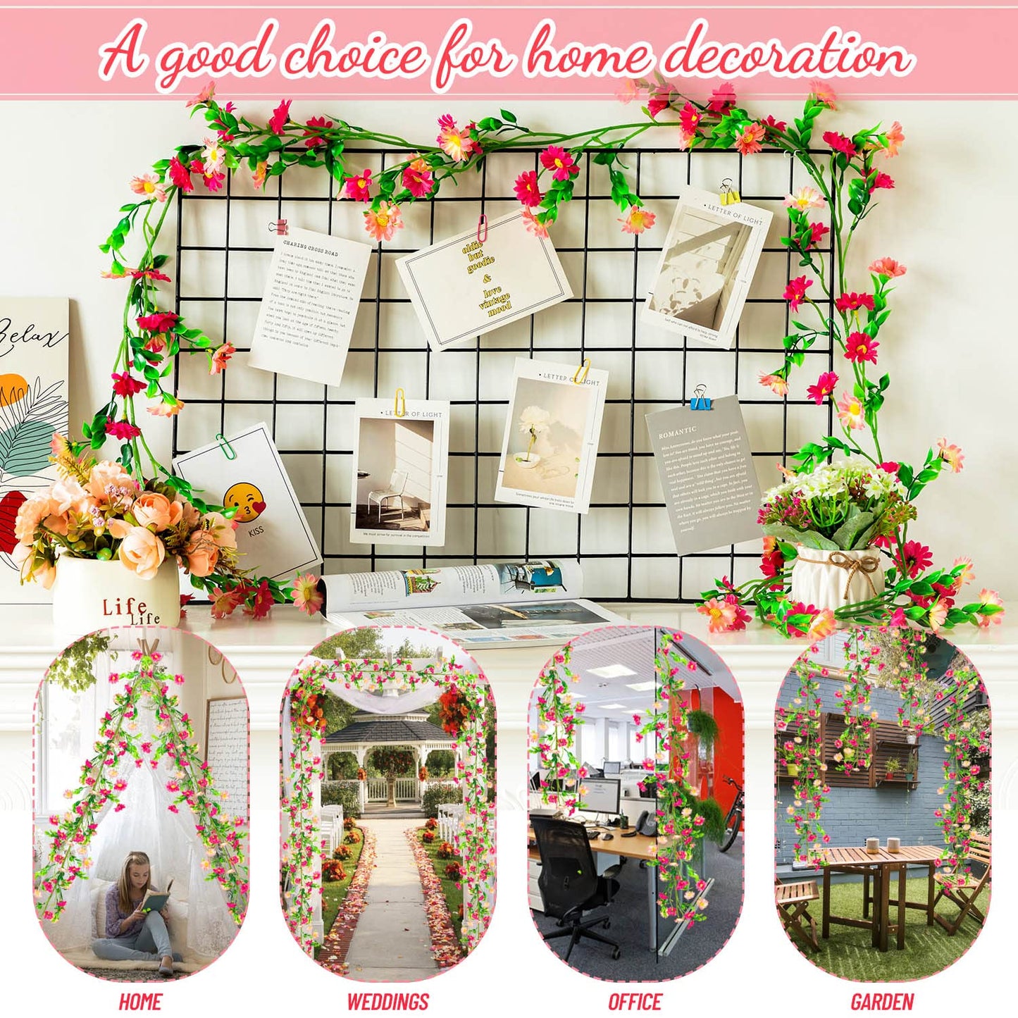 2 Pack Spring Flower Garland, 13.6 Ft Silky Artificial Pink Garland with Pink Daisy and Vine, Floral Garlands Decoration for Room Wall, Flower Themed Party, Wedding Supplies