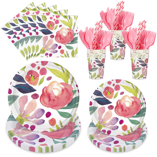 Bokon 168 Pcs Floral Party Supplies Watercolor Flower Paper Plates Napkins Disposable Cups Plastic Knives Spoons Forks Tableware Set for Wedding Bridal Shower Birthday Spring Party Decor Serves 25