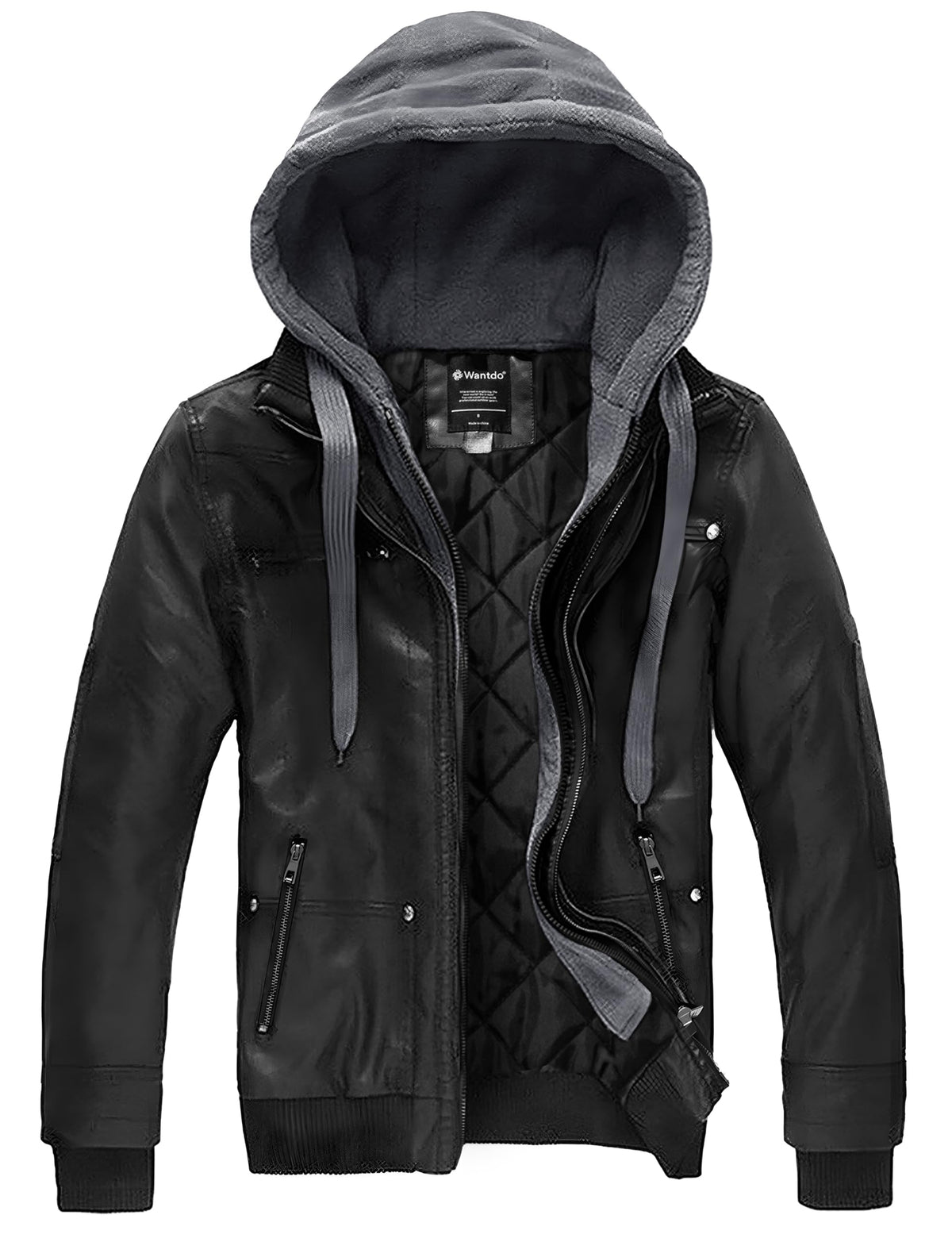wantdo Men's Winter Warm Leather Jacket with Removable Hood Black Medium(Thick)