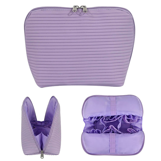 Tense Edano Travel Makeup Bag for Women, Waterproof Stand Up Cosmetic Bag with Brush Holders, Organizer Bag with Compartments, Fold-Down Design for Skincare, Toiletries & Essentials (Purple, Medium)