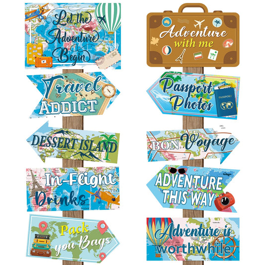 20 Pieces Travel Party Signs Travel Themed Party Decorations Let The Adventure Begin Sign Around the World Decorations Bon Voyage Party Wall Door Porch Yard Sign Travel Party Supplies