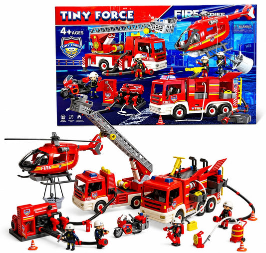 Tiny Force Fire Rescue Set – Fire Truck with Ladder, Toy Helicopter, Motorcycle & Fire Water Pump, Emergency Pretend Play Toys for Kids & Toddlers