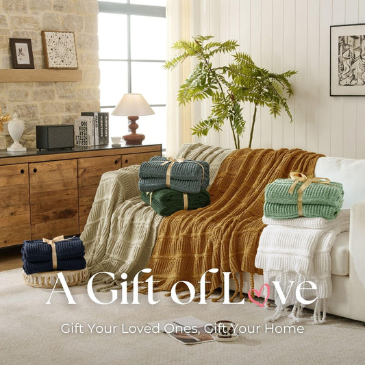 Boho Knitted Chenille Blanket with Tassels - Lightweight & Soft All-Season Throw - 3D Classic Pattern for Living Room Bedroom Couch, Amber Brown, Throw 50"x60"