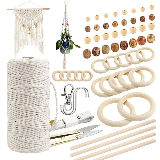 227pcs Macrame Kits 3mm 115yards Wall Hanging Natural Cotton Macrame Cord with Wooden Beads & Rings Wooden Sticks, Metal S-hooks Supplies for Hanging Plant Hand Tassel weaving