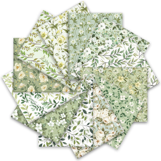 Whaline 12Pcs Sage Green Floral Fabric Squares Cotton Fabric Bundles Watercolor Flower Leaves Sewing Fabrics for Spring Birthday DIY Handmade Craft Decor, 10 x 10 Inch
