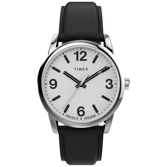 Timex Men's Easy Reader Bold 38mm Watch – Silver-Tone Case White Dial with Black Leather Strap