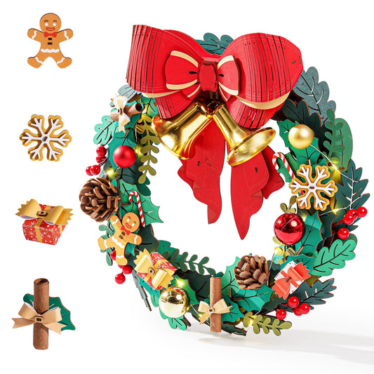 Rolife 3D Puzzles for Adults Christmas Wreaths for Front Door, Artificial Eucalyptus Wreath for All Seasons, Indoor and Outdoor Wreath with Red Bow&Golden Bell, LED for Christmas Decor (16in, 252pcs)