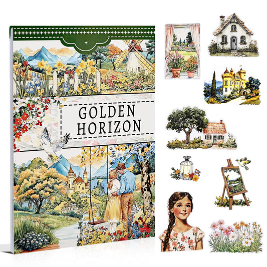 Dwpetzo Scrapbook Sticker Book for Scrapbooking, Golden Horizon Theme, 20 Sheets A5 Pre-Cut Washi Paper PET Stickers for Journaling, Junk Journal Supplies, Bujo, Collage, Crafts Arts