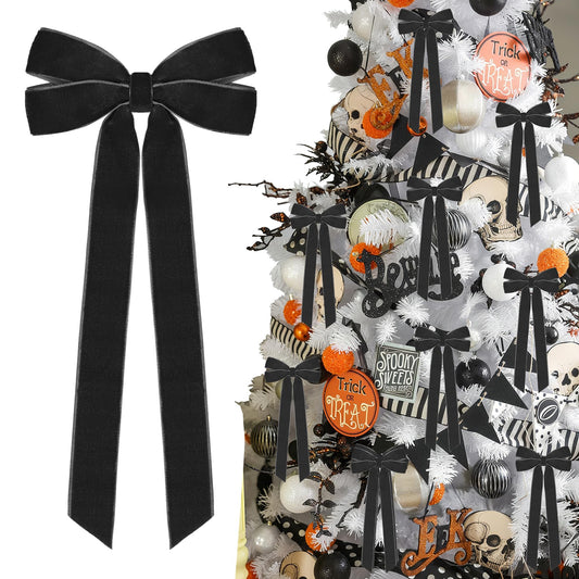 12Pcs Black Velvet Ribbon Bows Halloween Tree Decorations,5in x 10in Christmas Ornaments for Tree Home Party Front Door Wreath Holiday Decor