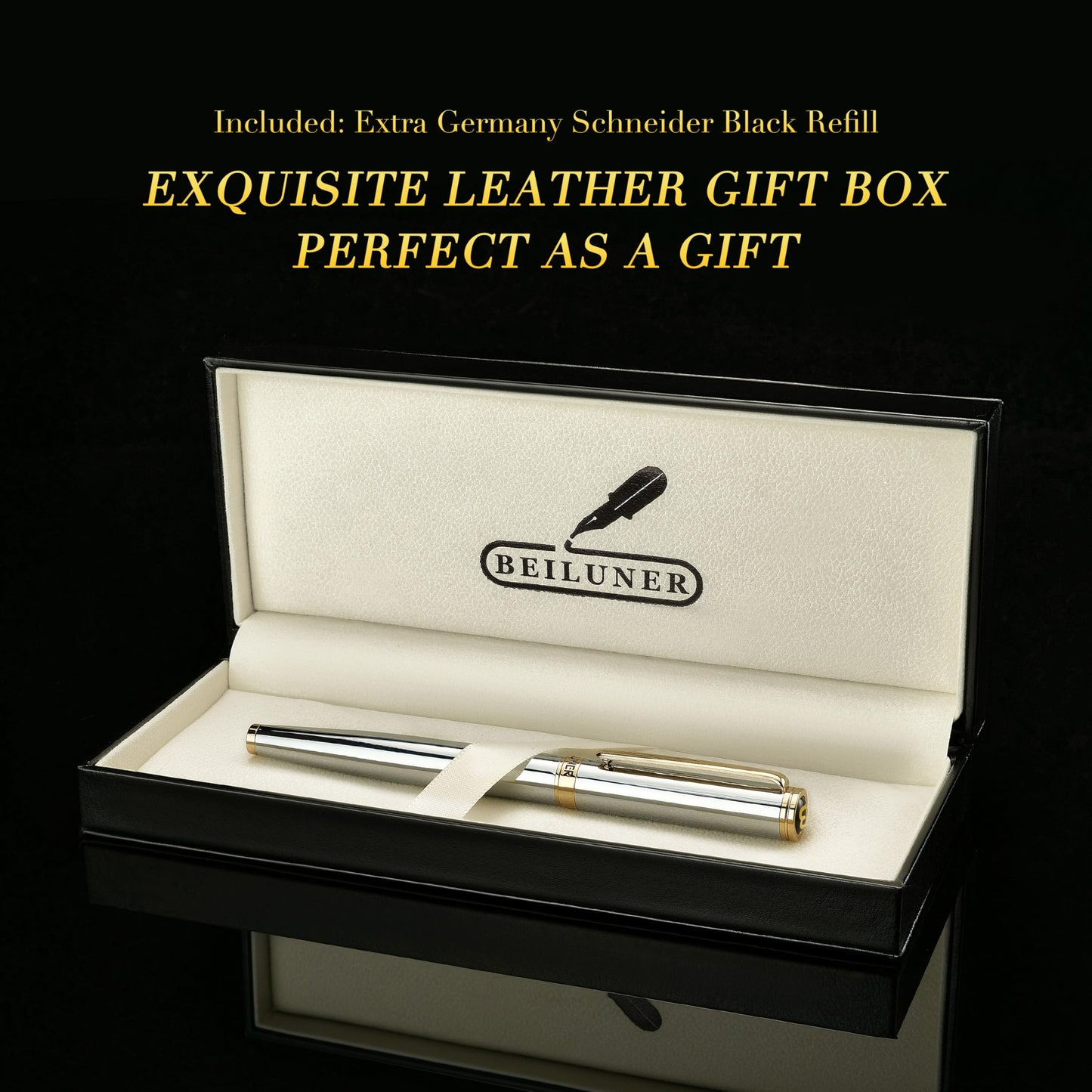 BEILUNER Luxury Rollerball Pen, Stunning Silver Chrome with 24K Gold Finish,Noble and Elegant Designs,Schneider Ink Refill, Best Gift Pen for Men & Women, Professional, Executive Office, Fancy Pens