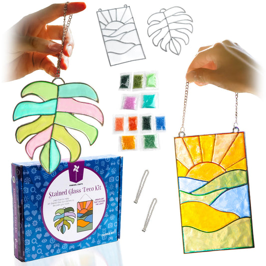 Pinwheel Crafts DIY Stained Glass Kit for Kids - Stain Glass Art Gift Set with 2 Decorative Frames, Hanging Chain, Ring and Colored Beads - Fun Windows Art Suncatcher Kit for Kids, Teens and Adults