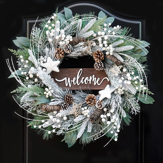 24 Inch Winter Wreaths for Front Door Outside- Pinkpuii Artificial Outdoor Christmas Wreath with Pinecones,White Berries and Welcome Sign,Xmas Holiday Winter Decorations for Home Farmhuse Door Decor