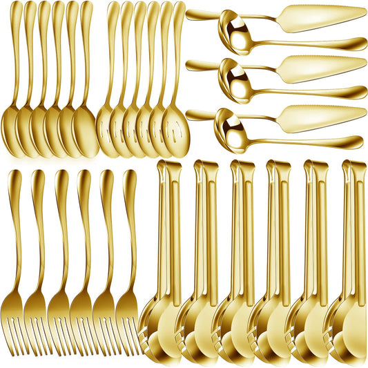 Thenshop 30 Pcs Stainless Steel Serving Utensils Set Flatware Set Include Large Serving Spoons Slotted Spoons Forks Soup Ladle Pie Server and Tongs for Buffet Party(Gold)
