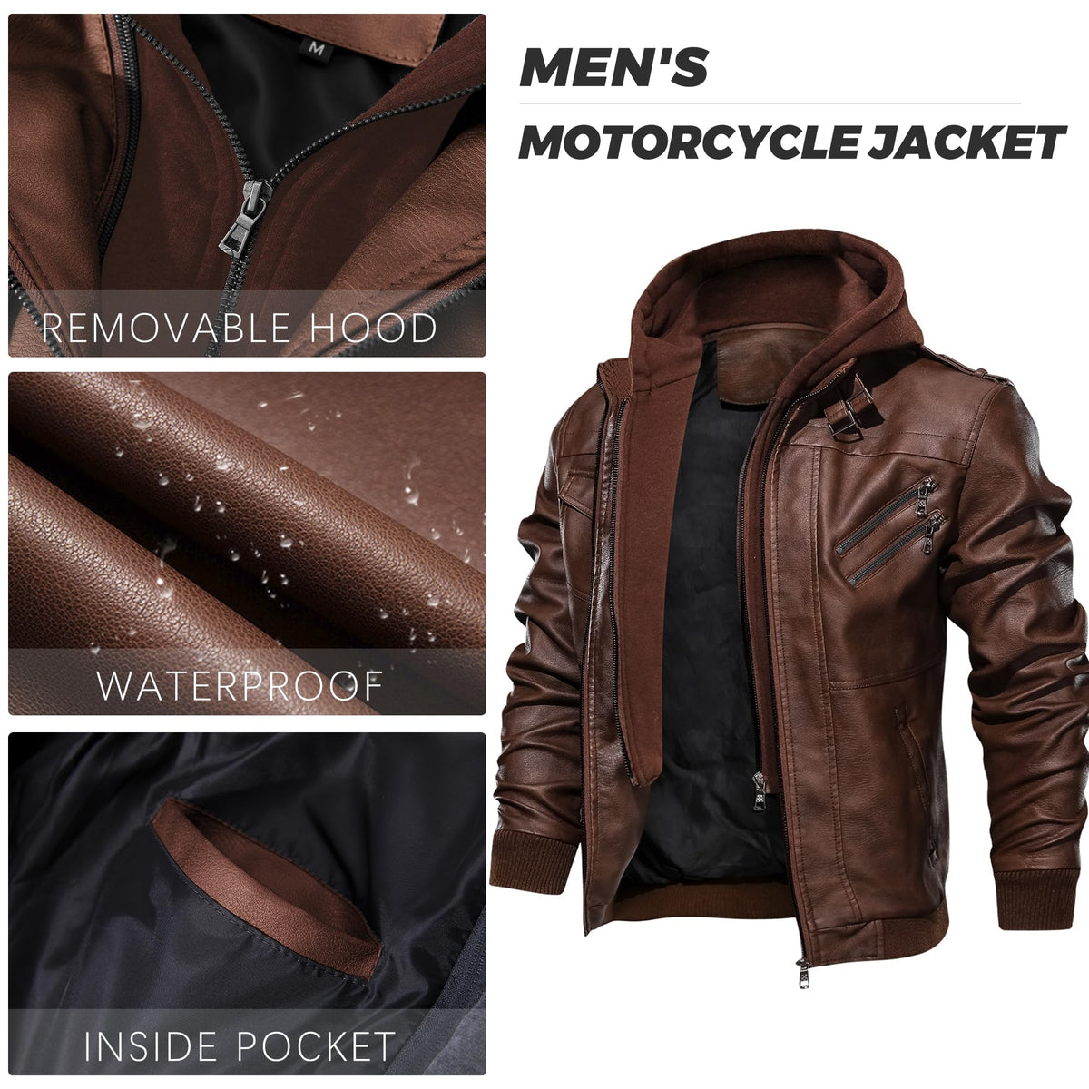 JYG Men's Faux Leather Jacket Stand Collar Motorcycle Bomber Jackets with Removable Hood (Brown,L)