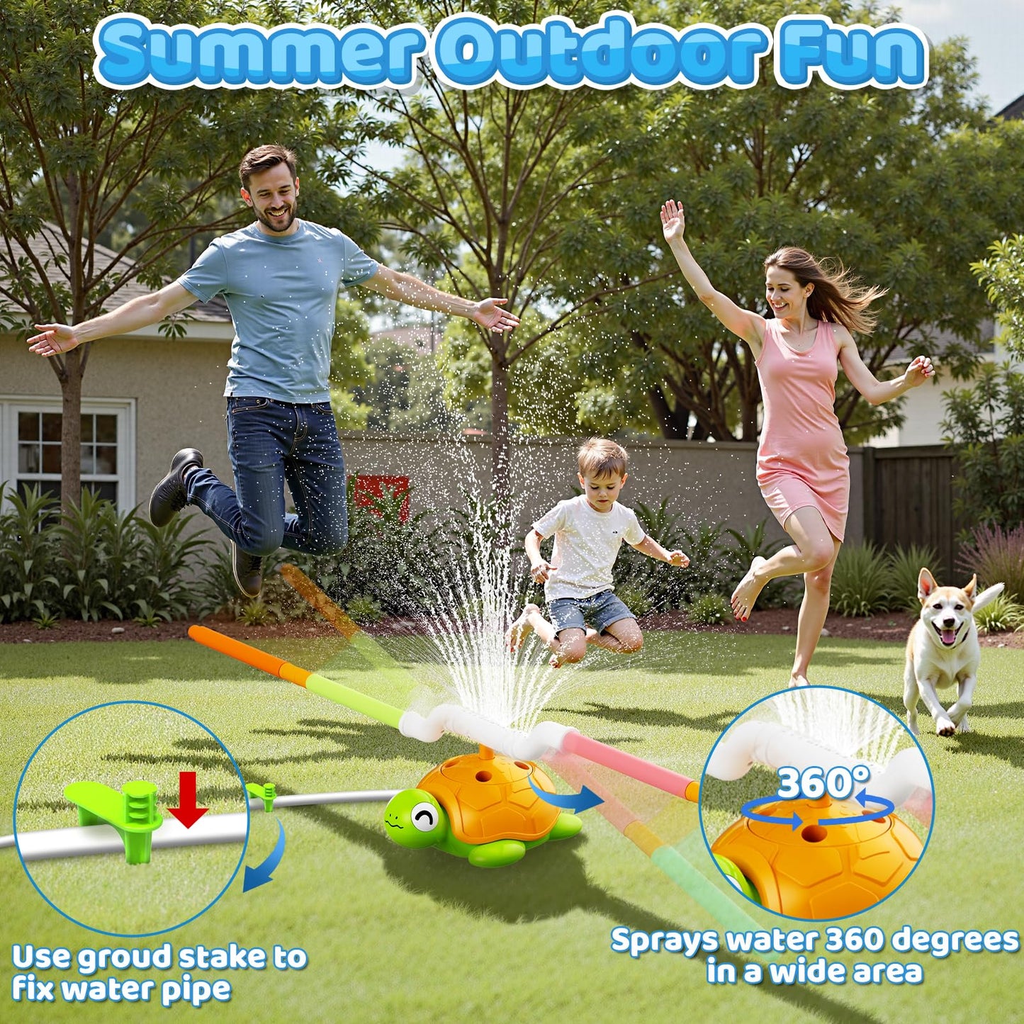 4-in-1 Turtle Water Sprinkler Toys for Kids - Summer Oudoor Toy with Baseball Ringtoss Tubes - Outside Yard Lawn Backyard Park Garden Pool Games for Age 3 4 5 6 7 8 Year Old Toddlers Boys Girls Gifts