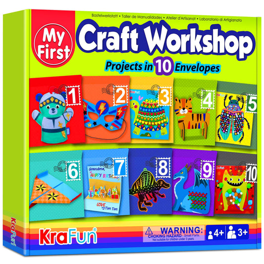 KRAFUN Toddler Art and Craft Kit, Preschool Educational Activities with 10 Envelope Projects - Origami, Puppets, Lacing & Pompoms, Creative DIY Gifts for Boys and Girls Ages 3-5