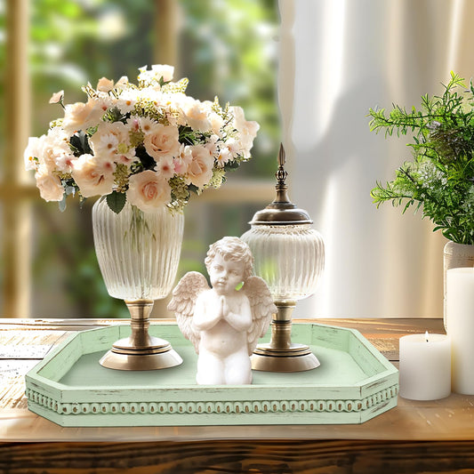 Wooden Decorative Tray, Rustic Sage Serving Tray with Wood Bead, Coffee Tabl, 16.5" x 13"x 1.6" (Sage Green)