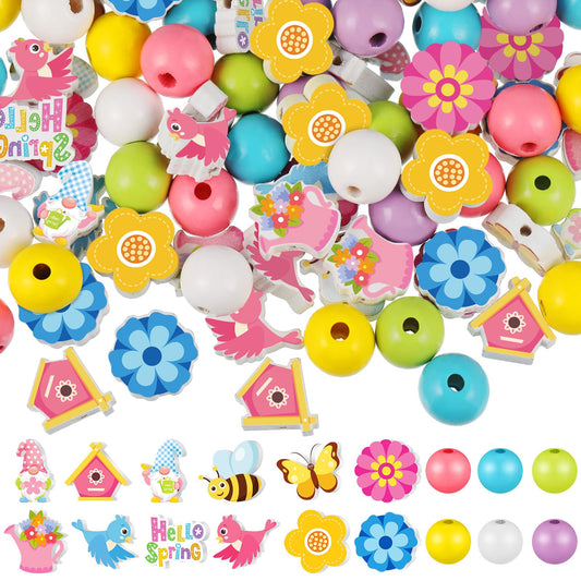 Misdary 200pcs Wooden Spring Craft Beads, Flower Colored Round & Special Shaped Beads for Jewelry Making, DIY Party Tree Hanging, Home Decor