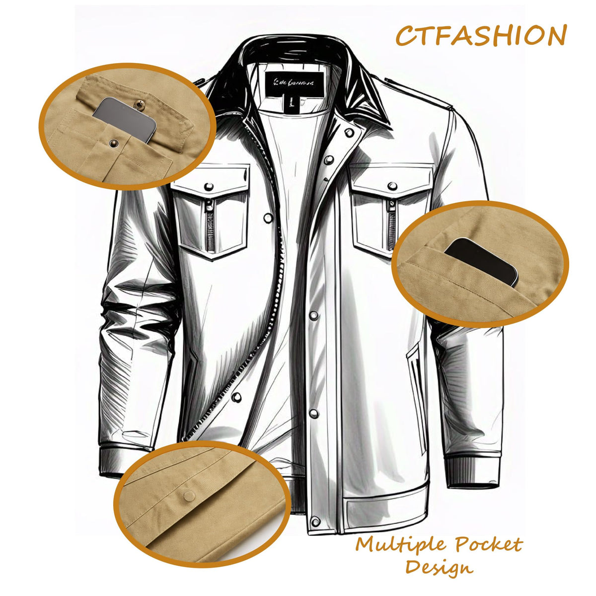 CTFASHION Men's Canvas Military Jacket Full Zip Cotton Field Coat Multi Pocket Outdoor Travel Daily Work Wear Spring Fall Winter Khaki M