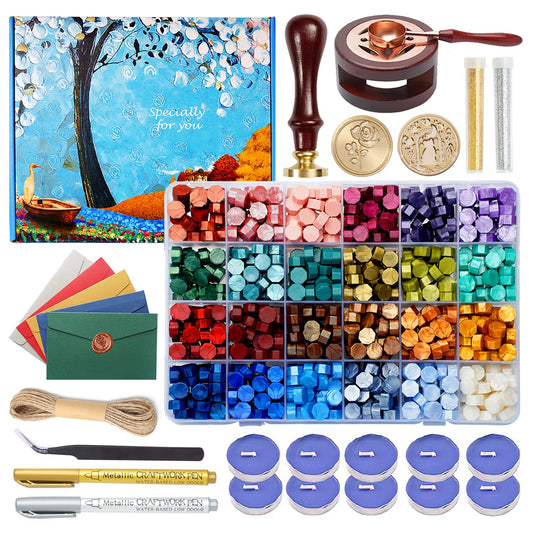 Comealltime Wax Seal Kit with Gift Box, 624 Pcs 24 Colors Sealing Beads, 2 Pcs Stamps, Sealing Wax Warmer, Metallic Pen, Envelope, Candles for Wedding Birthday Gift and DIY Craft, Sellado de Cera