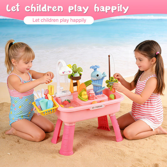 AZTWMYS Upgraded Toddler Sand Water Table Toy with Electric Water Pump, Kids Sand Water with Faucet/Play Food Accessories/Fishing Toy, Kitchen Play Sink Toys for Girl Boy Age 3+ (Pink)