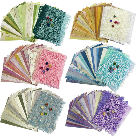 156 Sheets Textured Scrapbook Paper & Mesh Fabric Assorted Set +30 Buttons - 6 Pack Mixed Special Paper for DIY Scrapbooking Planner Bullet Junk Journal Supplies Collage Background 3.9x5.5 Inch