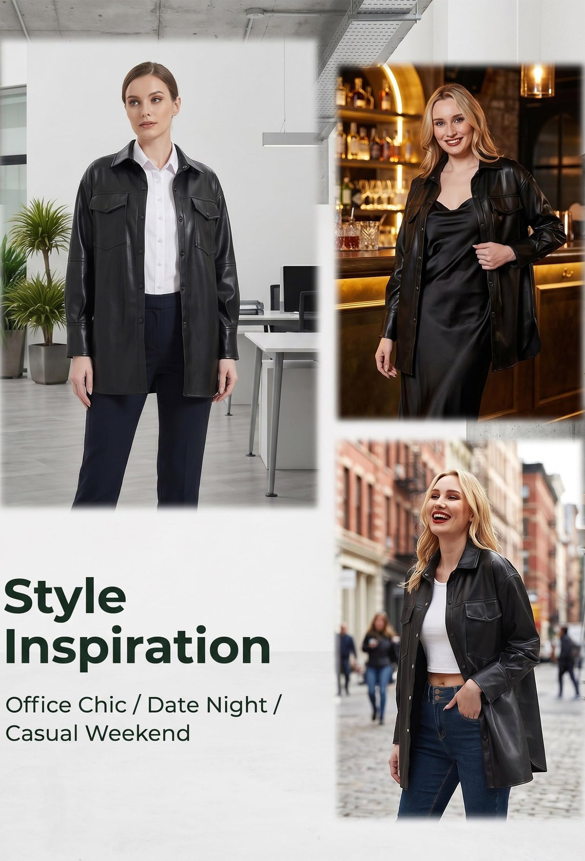 RISISSIDA Women Faux Leather Shacket Jacket,Pleather Shirts,Black,L