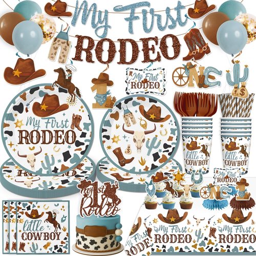 171 PCS My First Rodeo Decorations Boy, First Rodeo Birthday Tableware Set with Cake Topper, Cupcake Topper, Tablecloth, Plates and Balloons for Boy 1st Birthday Decorations