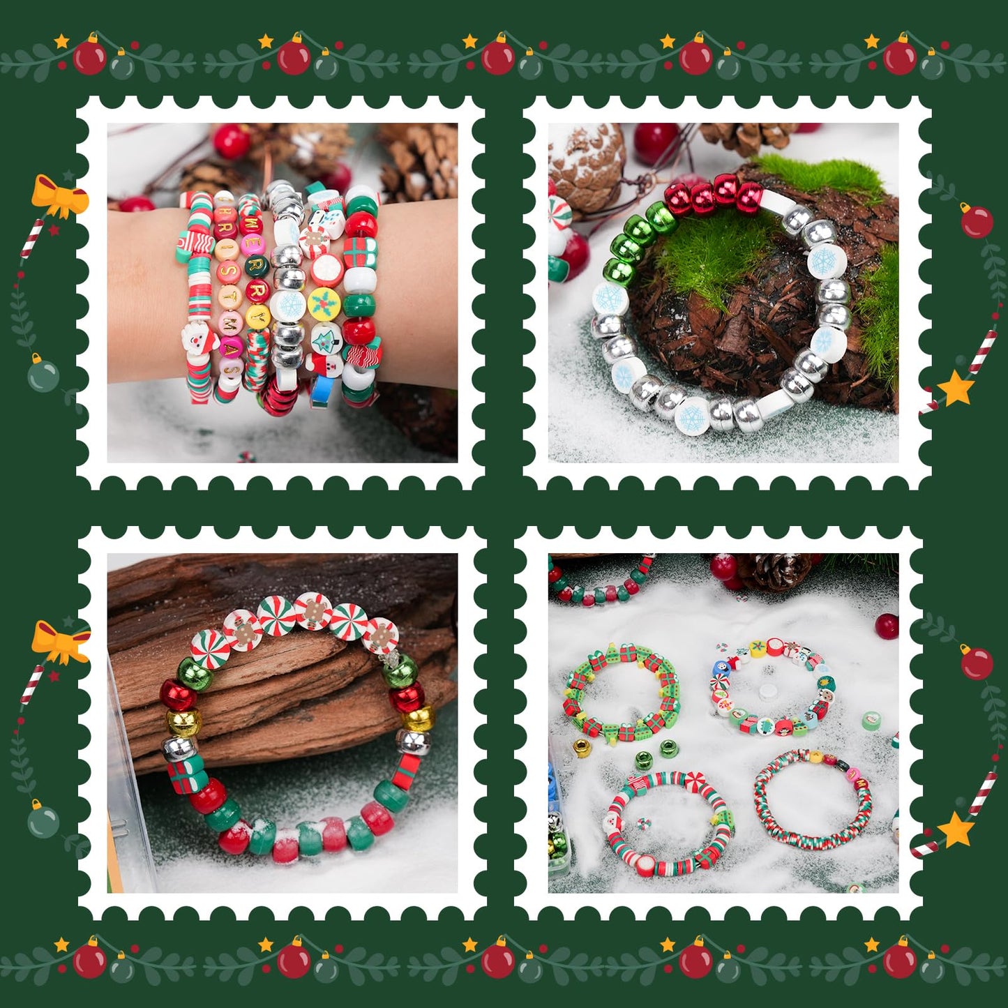 Gionlion Christmas Beads Bracelet Making Kit, 800 Pcs Polymer Clay Beads Jewelry Kit for Girls, Holiday DIY Craft with Christmas Crafts Charms, Perfect Stocking Stuffer for Kids