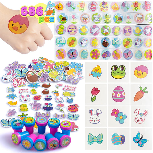 JOYIN 686 Pcs Easter Craft Kits with Assorted Stickers, Foam Stickers, Stampers and Temporary Tattoos for Kids Party Favors, Easter Crafts & Basket Stuffers and Classroom Homeschool Art Decor