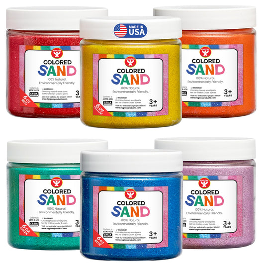 Hygloss Colored Sand for Crafts – 6 Assorted Colors – 6-Ounce – Vibrant Colorful Fine Sensory Play Sand Art Kits for Kids – Classroom Activities for Children 3 4 5 6 7 8 9 10 11 12 – Safe for Ages 3+
