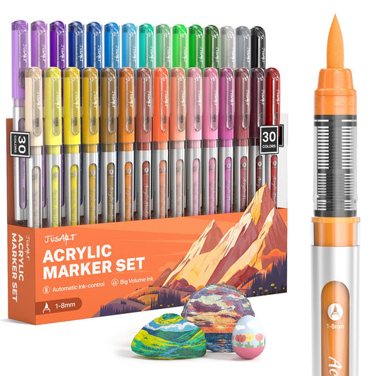 JusArt Acrylic Paint Markers Brush Tip 30 Colors, Water-Based No-Bleed Markers with Automatic Ink Control, Waterproof Acrylic Paint Pens for DIY Art & Crafts -Fabric, Wood, Rock, Ceramic, Metal