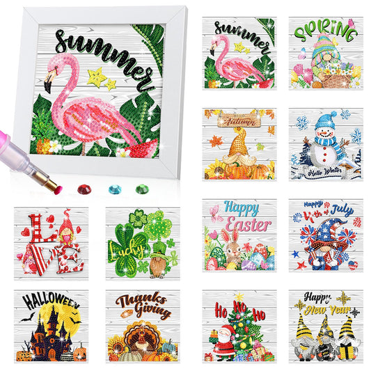 Trandraft 13 Pcs Interchangeable Seasonal Diamond Art Kits for Adults 250th Anniversary Favor 5d Small Diamond Art Kits Framed Gem Painting for Summer Holiday Table Decor DIY Craft 4th of July Gift
