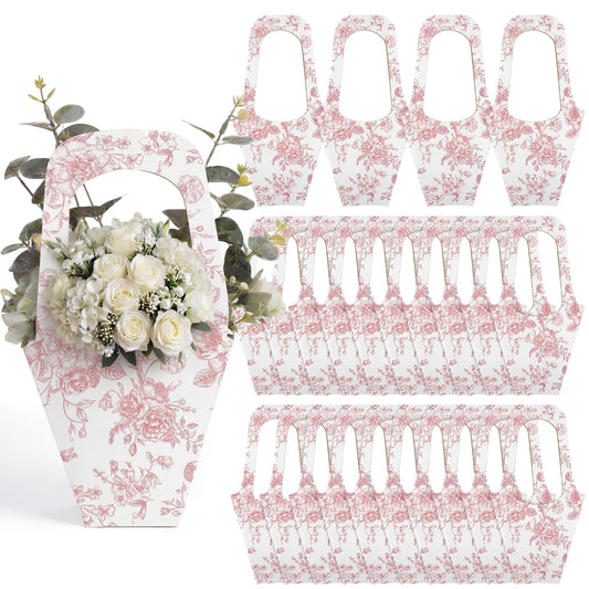 Fullhawl 24 Pack Flower Gift Bags for Bouquet, Craft Paper Flower Bouquet Holders with Handles, Floral Wrapping Bags for Bridal Shower Wedding Bachelorette Engagement Party Supplies(Pink)
