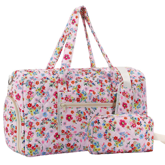 Large Floral Quilted Duffle Bag Coquette Pink Floral Portable Gym Lightweight Weekender Bag for Women with Makeup Pouch with Dry and Wet Separation for Women Travel Hospital