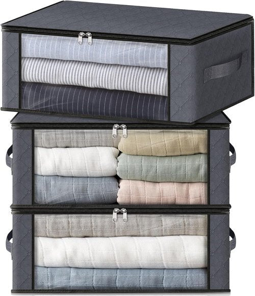 HomeHacks Clothes Organizer Storage Bags - Foldable 35L with Clear Window & Sturdy Handles | Gray