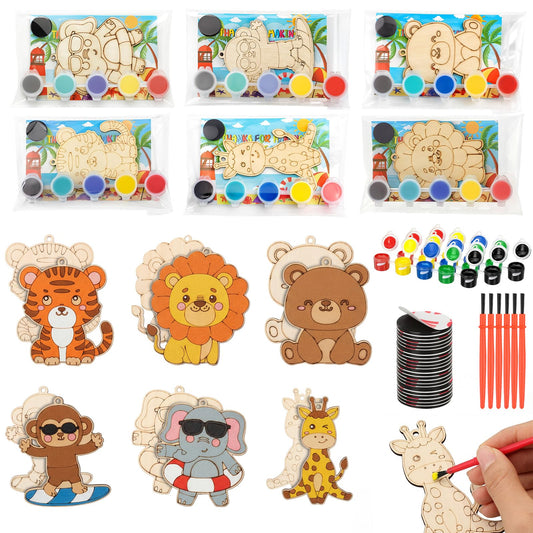 Kathfly 24 Pack End of Year Student Gifts from Teacher End of Year Craft Kit for Kids Safari Animals Classroom Gifts Wooden Magnet Painting Craft with Cards DIY School Gift for Preschool Girls Boys