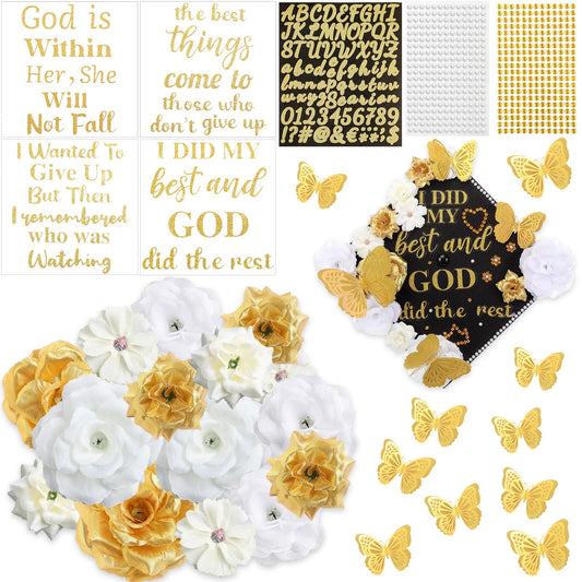 Solsew 35 Pcs DIY Graduation Cap Decorations Kit, Include Faux Flower 3D Butterfly Graduation Quote Glitter Sticker Pearl Rhinestone for Grad Hat Topper Cover Craft Gift(Creamy White,Gold,White)