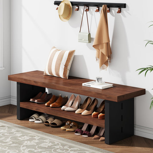 Condemo 47" Solid Wood Entryway Bench with Shoe Storage, 2-Tier Modern Farmhouse Hallway Bench with Open Shelf for Bedroom, Dining Room, Mudroom, Easy Assembly, Dark Walnut & Black