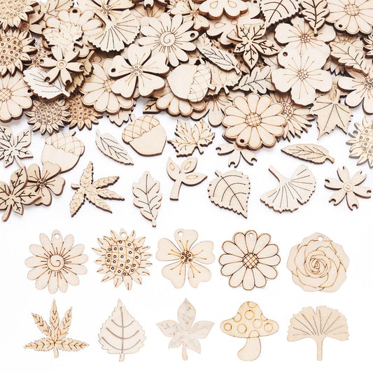 Sparkeads 90 pcs Natural Wood Charms Flower Leaf Mushroom Pendants Unfinished Plant Shape Wooden Dangle Charms for Craft Necklace Jewelry Making Bracelet DIY Women Earring Accessory