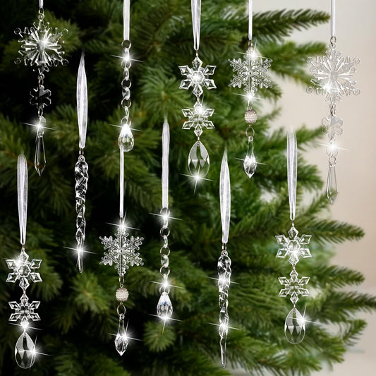 18PCS Crystal Christmas Ornaments for Tree Decorations Hanging Acrylic Christmas Snowflake Icicle Crystal Ornament for Xmas Tree, Winter Holiday Wonderland
