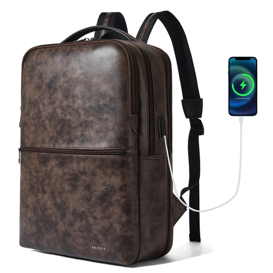 Shrrie Vegan Leather Laptop Backpack for Women&Men,16 Inch Expandable Backpack with USB Charging Port,Two-toned Coffee