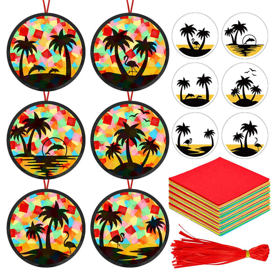 AnyDesign 36 Sets Summer Beach Suncatcher Paper Crafts Kit Tropical Palm Tree DIY Tissue Paper Crafts Hanging Ornament for Stained Glass Window Hawaiian Party Classroom Decor